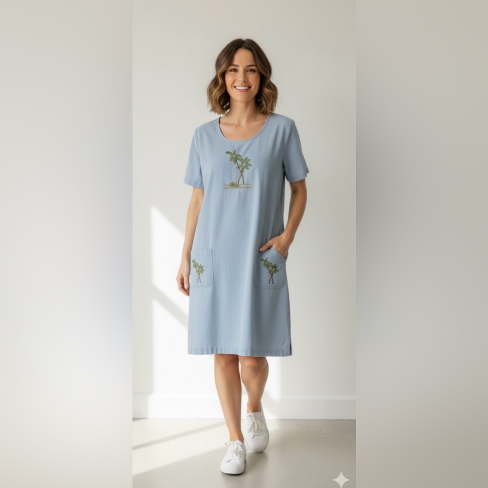 Vintage Blue Jay Denim Cotton Embroidered Palm Trees Tunic Midi Dress S/M